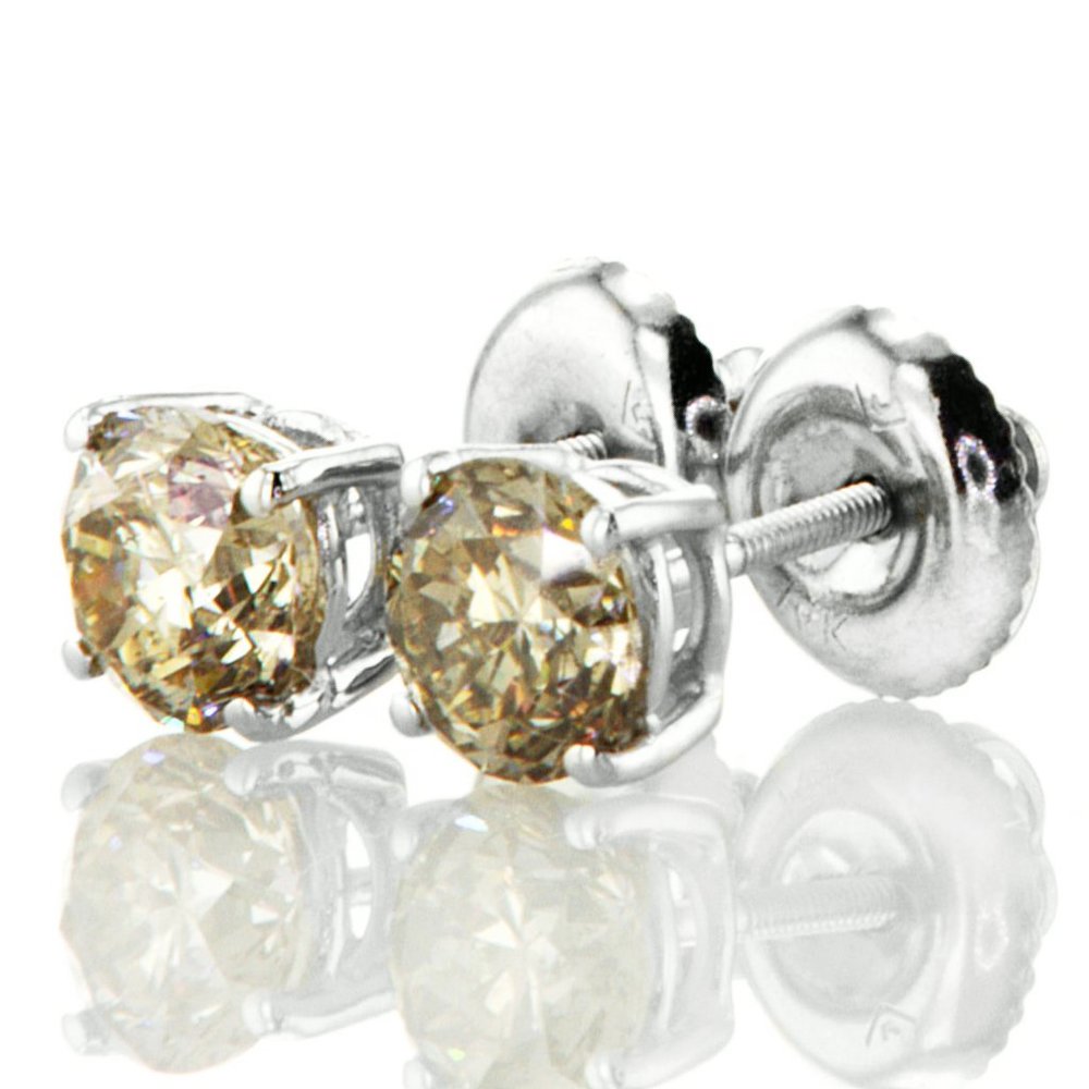 Diamond Stud Earrings Round Cut Fancy Champagne 1.23 TCW 14k White Gold - Picture 4 of 6